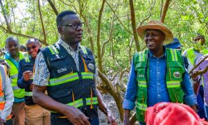 CS for Roads and Transport Mr. Davis Chirchir,PS State Department for Roads, staff from Ministry and Agencies during tree planting at Miritini Mangrove Area  
