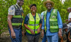 CS for Roads and Transport Mr. Davis Chirchir,PS State Department for Roads Eng. Joseph M. Mbugua, staff from Ministry and Agencies during tree planting at Miritini Mangrove Area  